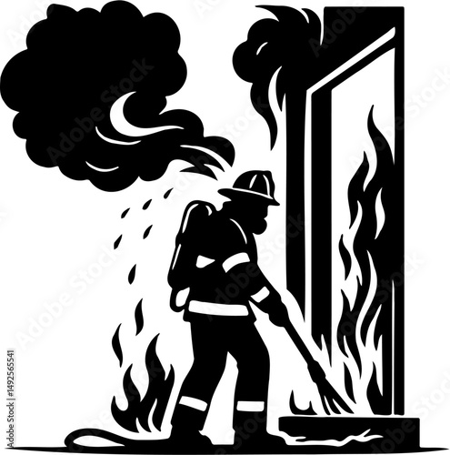 vector illustration silhouette of firefighters extinguishing fire