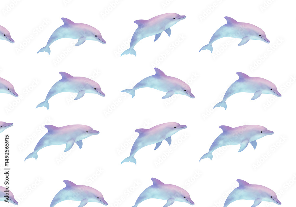 Naklejka premium 神秘的な淡い光、優雅に泳ぐイルカの群れ。幾何学模様、幻想的な水中世界。