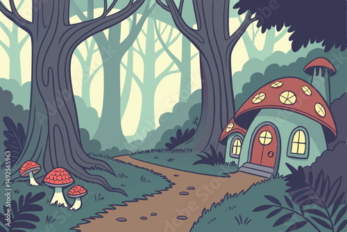 179 fairytale fantasy landscape, enchanted forest, mystical glowing tree trunks, ornaments hanging from branches, fairy houses with illuminated windows, whimsical mushrooms, colorful foliage, magical 