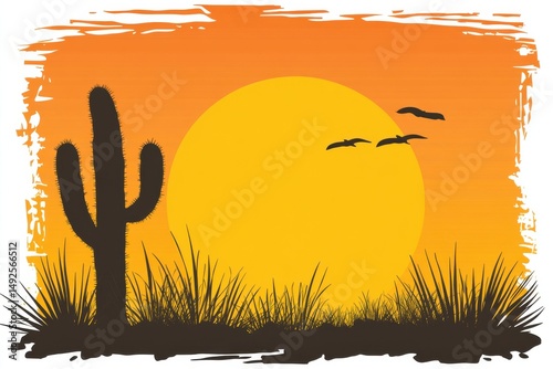Beautiful desert sunset landscape featuring silhouette of cactus and birds flying over the bright orange sun with grass in the foreground and vibrant sunset colors