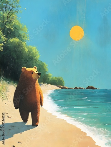 Cartoon bear walking on sunny beach with blue ocean background