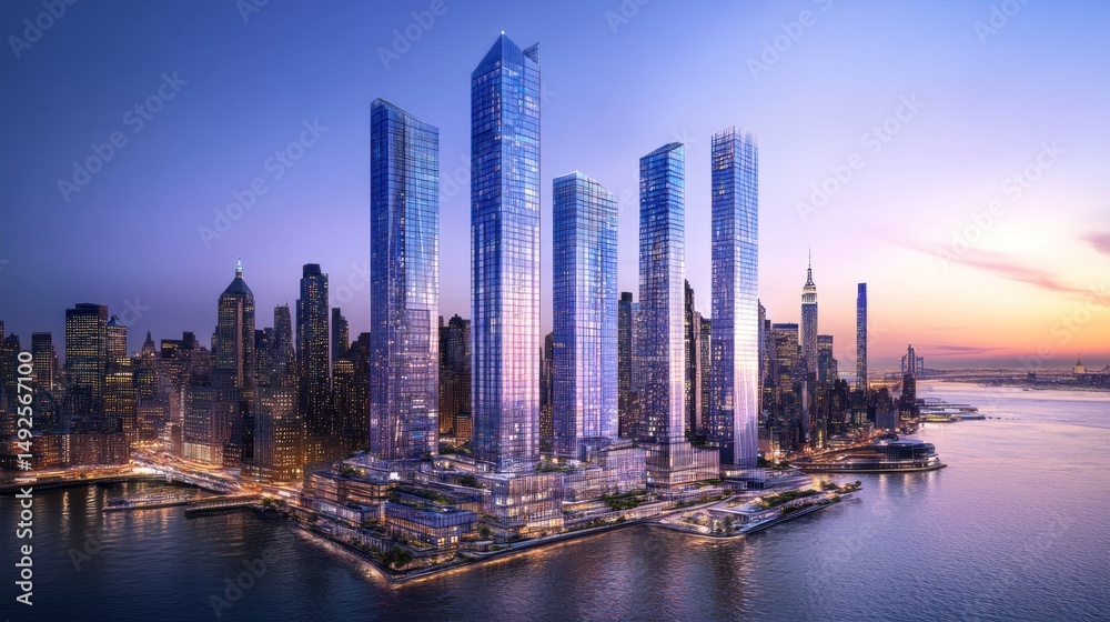 Fototapeta premium Stunning sunset view of modern skyscrapers by the water