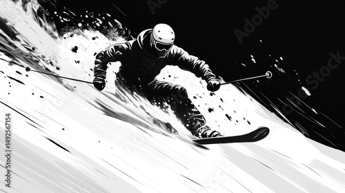 Black and white stylized skier carving down a steep snowy slope