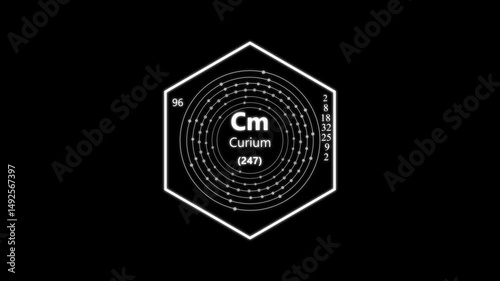 curium chemical element periodic table on background.animated periodic table.Shows name, atomic weight and element number.
