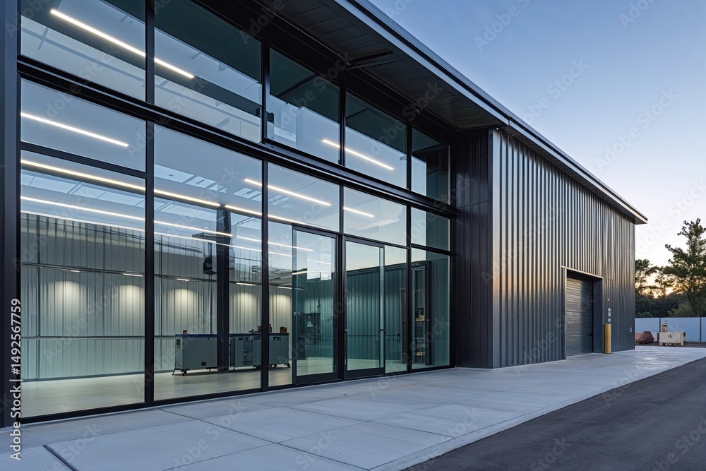 Modern Clean Exterior of a Dynamic Storage Hub with Innovative Glass Installations and Metal Cladding Modern Clean Exterior of a Dynamic Storage Hub with Innovative Glass Installations and Metal Cladding