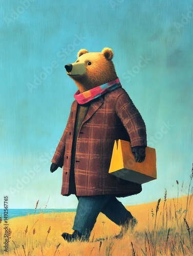 Cartoon bear walking on sunny beach with blue ocean background