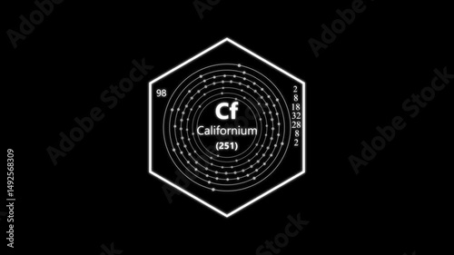 californium chemical element periodic table on background. animated periodic table.Shows name, atomic weight and element number.