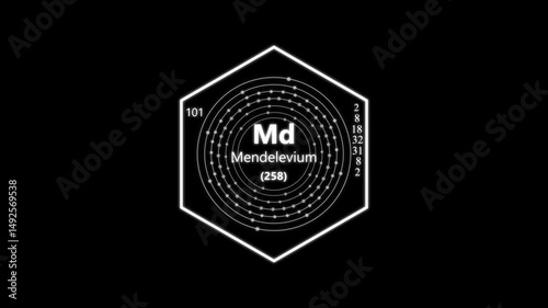 mendelevium chemical element periodic table on background.animated periodic table.Shows name, atomic weight and element number.