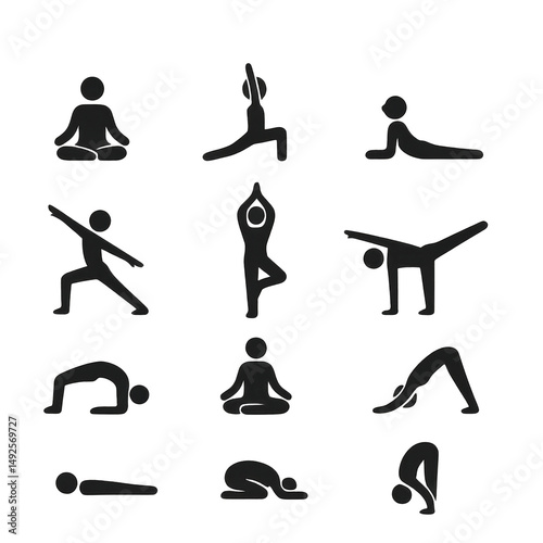 Set of 12 black yoga pose icons on transparent background. Includes popular asanas like lotus, warrior, cobra, tree pose, downward dog, child’s pose. Ideal for fitness and wellness themes