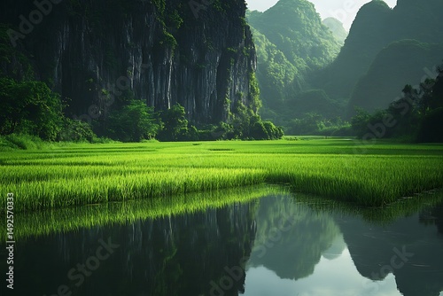 Breathtaking Shot of Lush Green Rice Fields and Hills