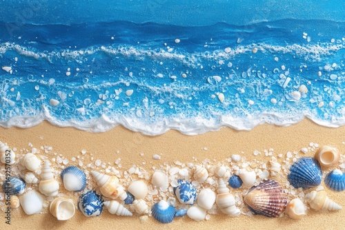 Beautiful sandy beach with seashells and ocean waves creating a serene coastal atmosphere, perfect for travel, relaxation, and summer vibes, ideal for backgrounds and prints.