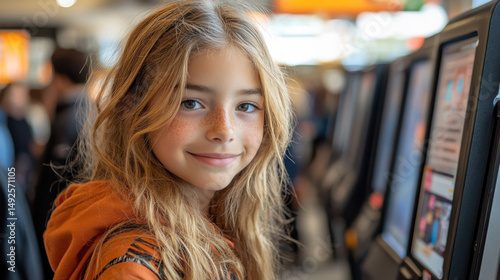 Wallpaper Mural Young girl interacting with digital kiosks in a busy public space during a bright morning Torontodigital.ca