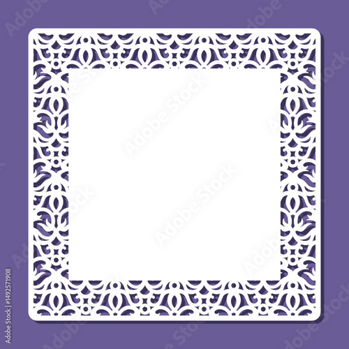 Form with openwork edge. Square sheet, certificate, blank for card, invitation, congratulations with floral pattern. Copy space, empty space for text. Template for plotter laser cutting of paper, cnc.