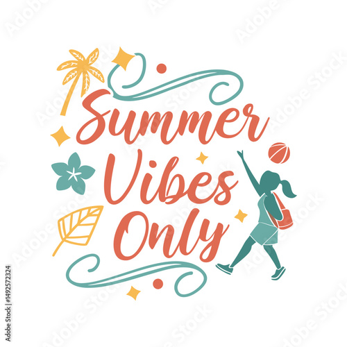 Summer vibes only typography vector illustration. Trendy beach-themed t-shirt design with fun lettering for print or apparel

