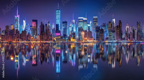 Vibrant city skyline at night, mirrored in calm water
