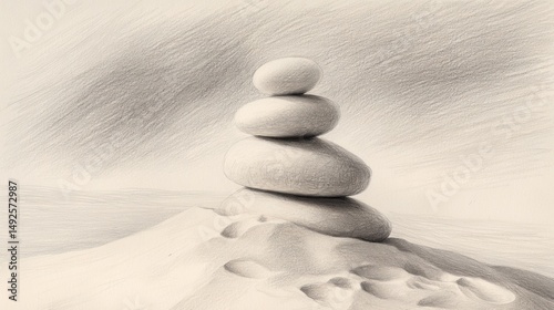 Balanced stones atop a sand dune under a sketched sky