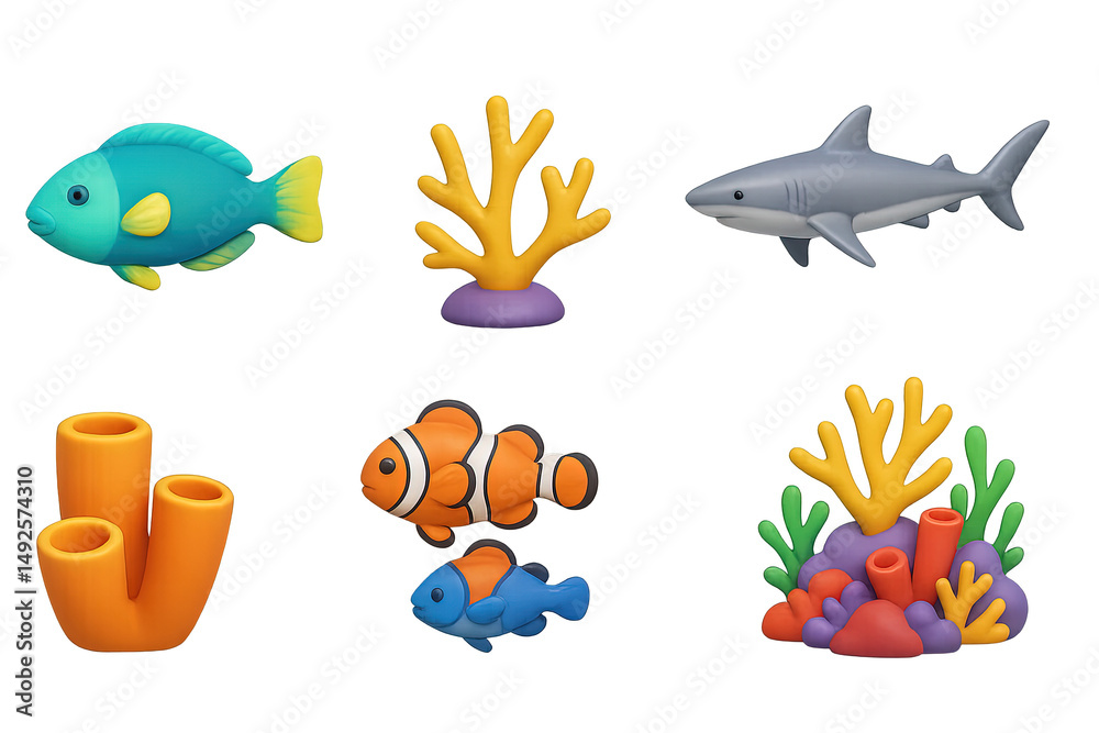 Naklejka premium Marine life 3d icons set – ocean, aquatic, sea creatures symbols collection