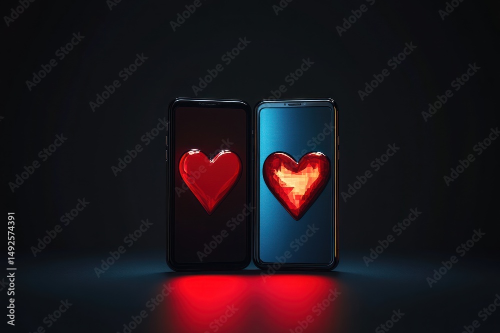 Two smartphones with hearts on their screens