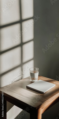 Glass table with notebook and water, sunlight shadow pattern background