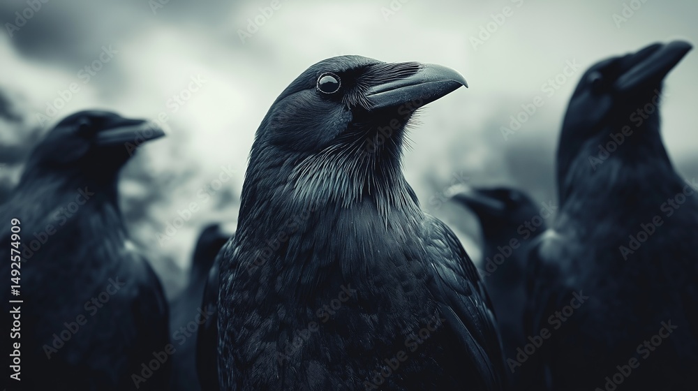 Fototapeta premium Shadowy birds swarm under storm clouds, feathers faintly glowing. A haunting omen of unseen forces gathering.