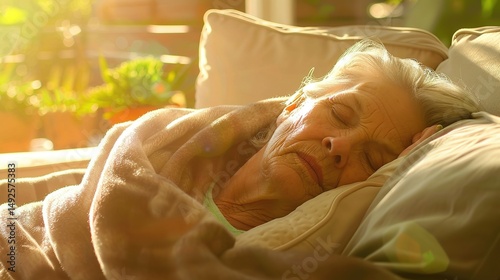 Tired exhausted woman resting on couch wrapped in blanket, recovering from sickness and fatigue, concept of health care, wellness and self care at home.