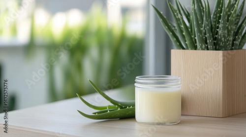 Aloe vera plant and cream on wooden table