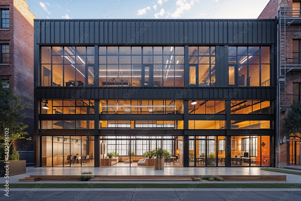 Obraz premium Urban Warehouse Transformation with Collaborative Office Space and Modern Design Elements