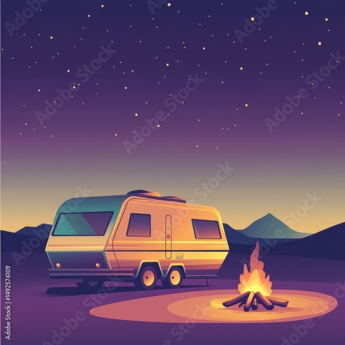 Trailer parked near a campfire under a starry sky in the wilderness.