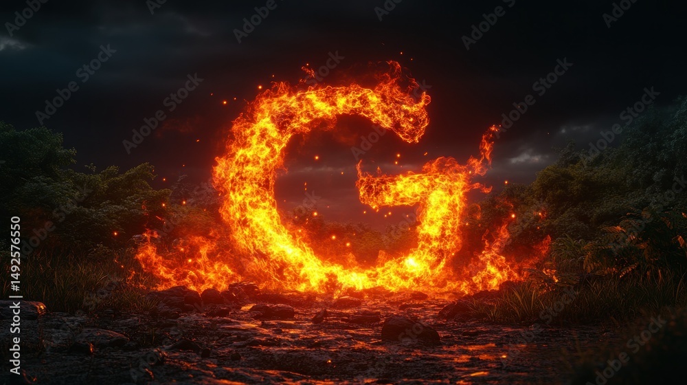 Fototapeta premium Fiery G letter on a dark riverbed