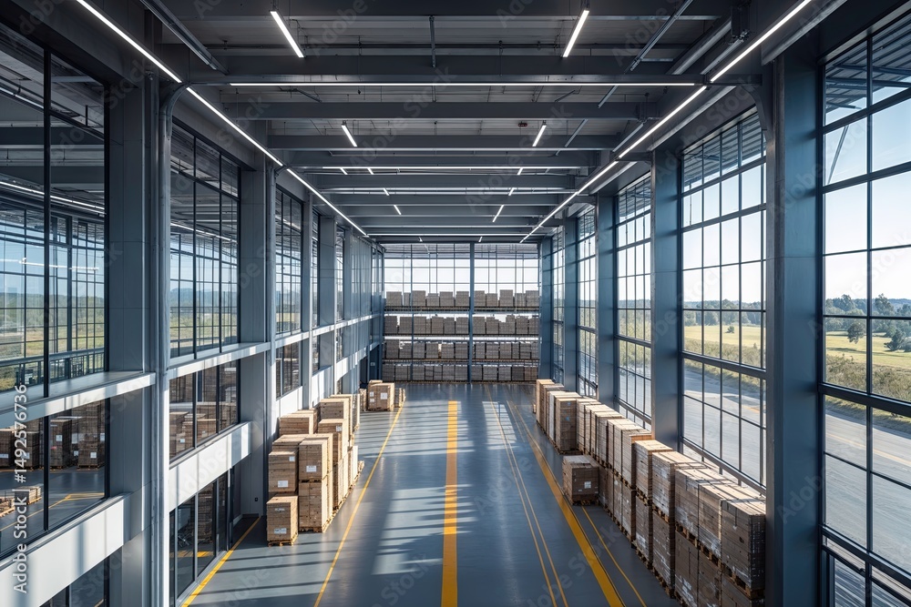Obraz premium Stunning Panoramic View of Contemporary Logistics Center with Elegant Design and Expansive Windows