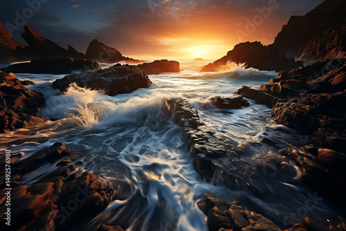 Long exposure shot of waves at night, smooth water effect.