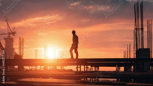 A solitary construction worker stands silhouetted against a vibrant sunrise at a construction site, a symbol of determination, hard work.
