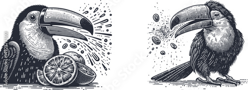 Set of detailed engraving-style woodcut illustrations featuring a toucan sneezing fruit pulp, vintage line art perfect for nature, wildlife, and exotic bird designs