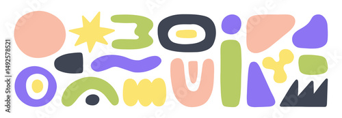 Abstract doodle-style shapes set. Creative quirky rounded curves, irregular geometric organic forms, modern figures, decorative design elements. Flat vector illustration isolated on white background