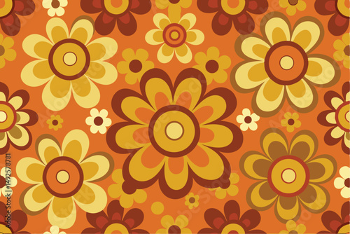 Seamless 70s style retro flower print vector illustration. Vintage floral pattern with bold colors and groovy shapes

