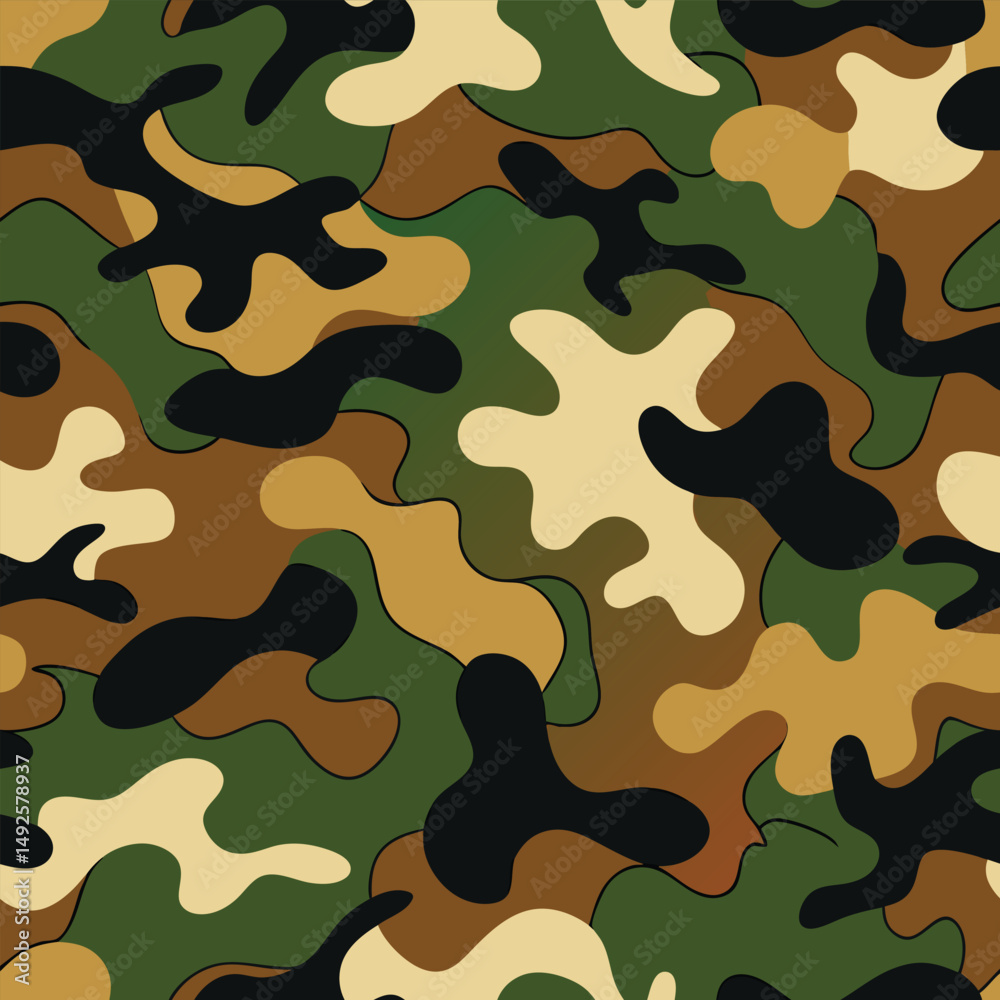 Naklejka premium Seamless army camouflage vector pattern. Military style camo print with green, brown, and beige color blending
