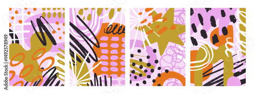 Abstract doodle poster designs set. Vertical card backgrounds with scribble, squiggle, dot elements and freehand shapes, strokes, modern patterns in trendy creative style. Flat vector illustration