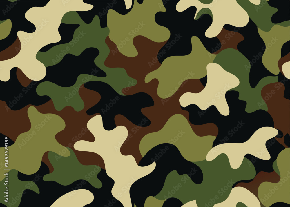Naklejka premium Seamless army camouflage vector pattern. Military style camo print with green, brown, and beige color blending