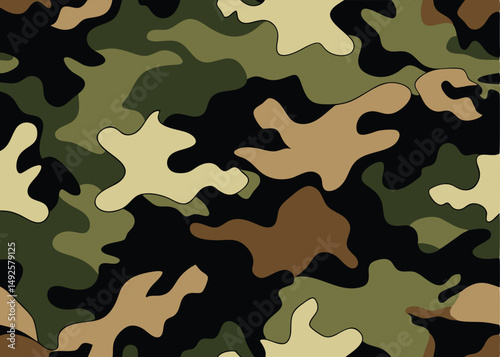 Seamless army camouflage vector pattern. Military style camo print with green, brown, and beige color blending

