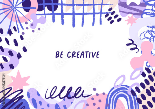 Abstract doodle-style frame design. Modern background with hand-drawn pattern, scribbles, splatters, blobs, creative organic shapes, dots, random elements and strokes. Flat vector illustration