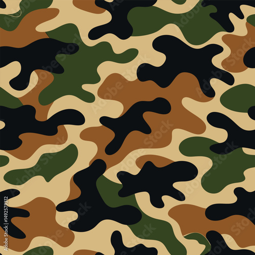 Seamless army camouflage vector pattern. Military style camo print with green, brown, and beige color blending

