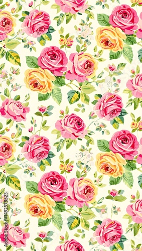 Floral Pattern with Pink and Yellow Rose Flower and Green Leaf Seamless Background