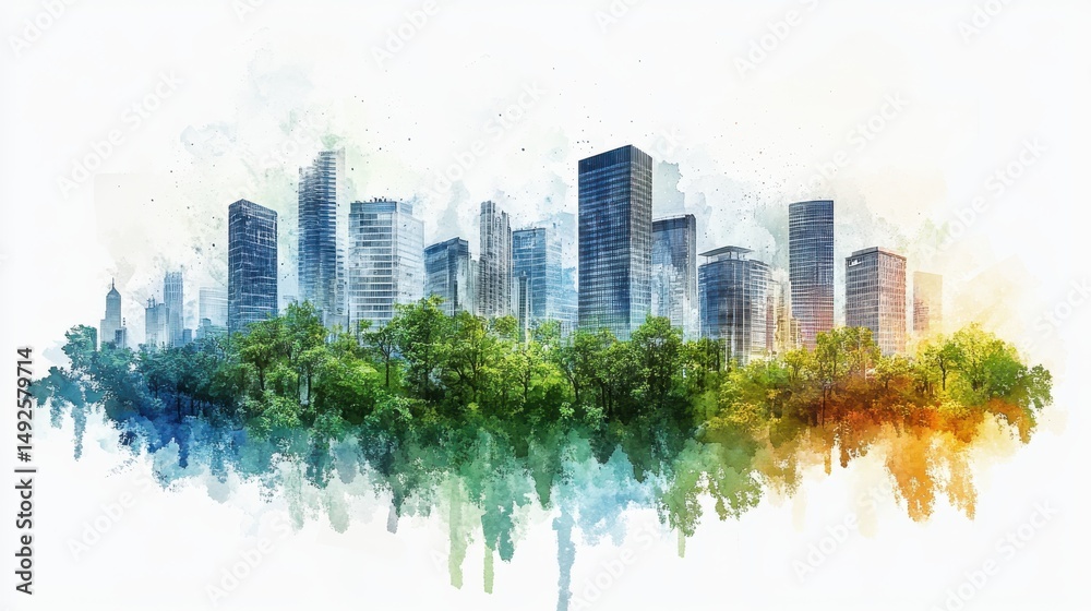 Obraz premium Vibrant Watercolor Cityscape with Lush Green Trees