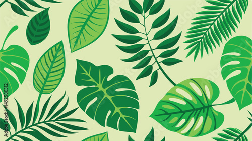Seamless tropical leaf vector pattern. Exotic foliage design with repeating palm leaves, jungle style, vibrant green

