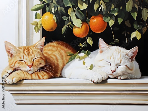 Two sleeping cats on windowsill with hanging orange fruits above
