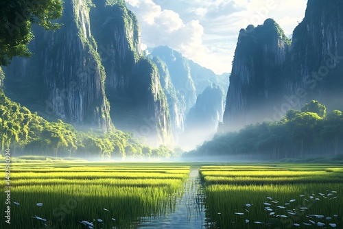 Enchanting Rice Paddies Radiating Warmth in Evening Light
