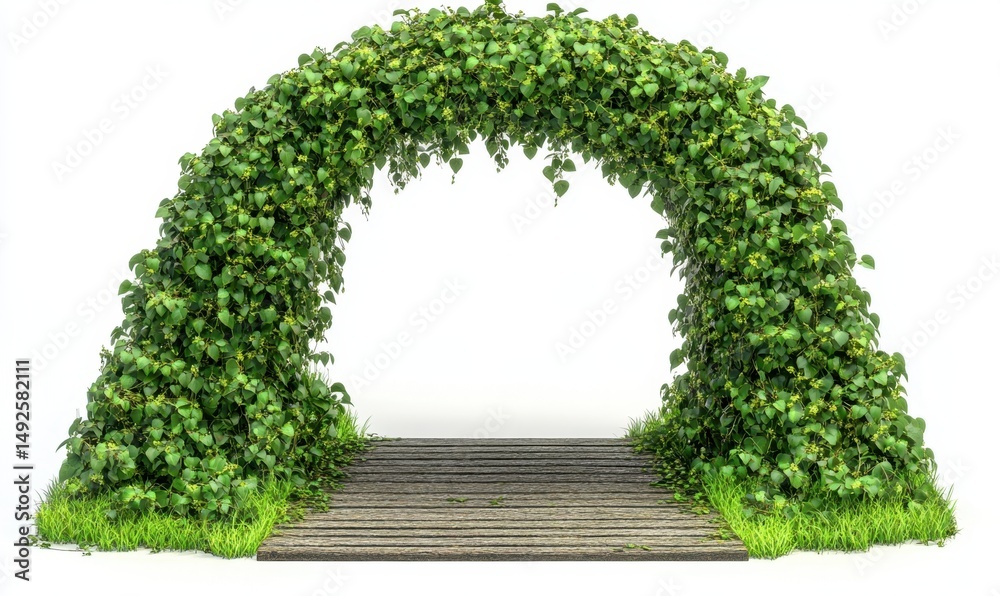 Fototapeta premium Lush green archway entrance, wooden path, garden backdrop; wedding, event decor