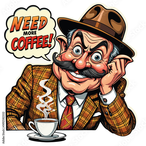 Cartoon man enjoying coffee with cheerful expression
