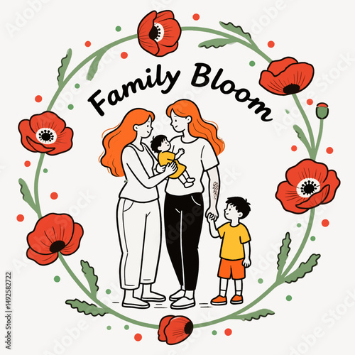 Illustration of two mothers with their children in flower wreath