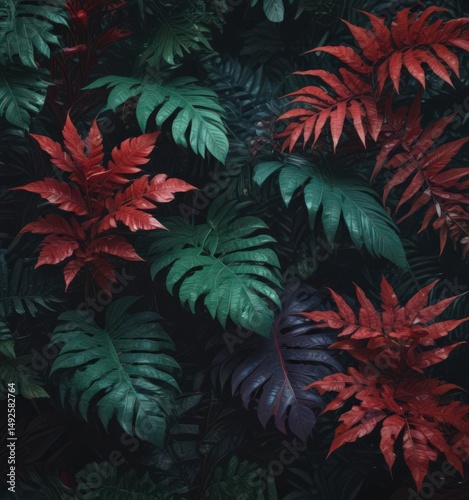 Intricate dark jungle leaves, vibrant emerald, crimson, sapphire hues ,  red,  vibrant